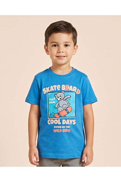 REDTAG Boys Blue Skate Bear Print T-Shirt