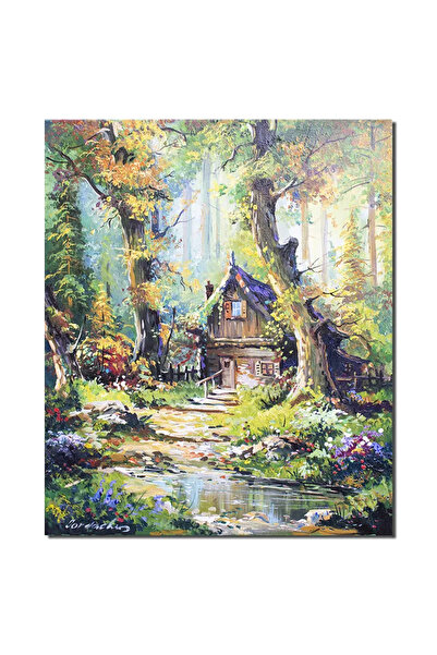 artnova Ръчно рисувана пейзажна картина, На хижиата в гората, 60x50см, маслен...