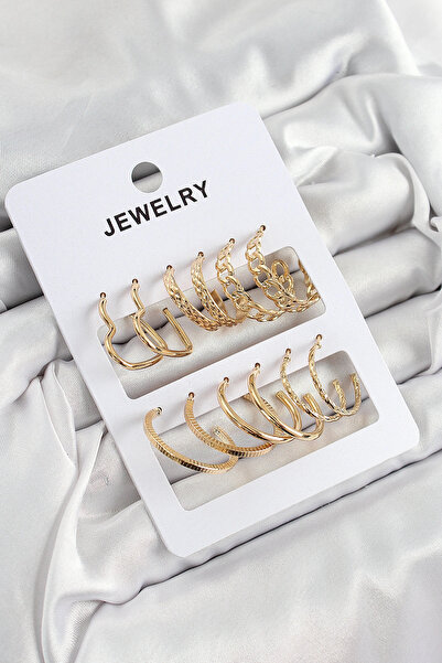 ARMÜZ Brass Mixed Ring Model Gold Color 6 Pairs Women's Earring Set