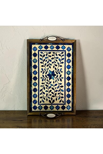 PorcelainAtelier El Yapımı Kütahya Çini Desenli Ahşap & Seramik Tepsi 42x28 c...