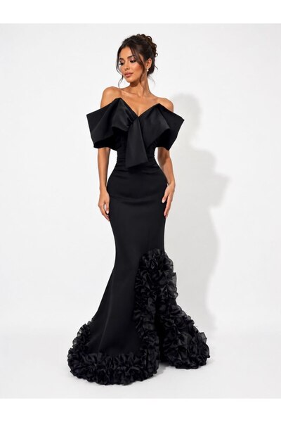 tsuwahen Black Off Shoulder Long Evening Dress with 3D Rose