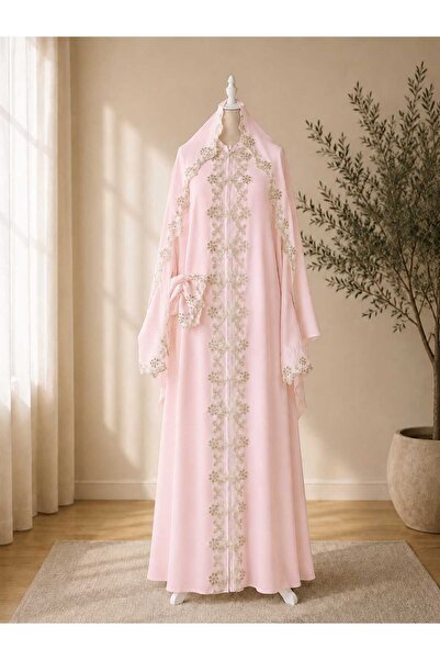 ECEM NAMAZ ELBİSESİ PEMBE FERMUARLI FRANSIZ DANTEL