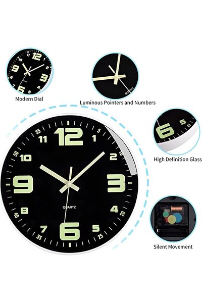 JOYZZZ Aputue Luminous Wall Clock, 12 Inch Round Battery Operated Silent Quar...