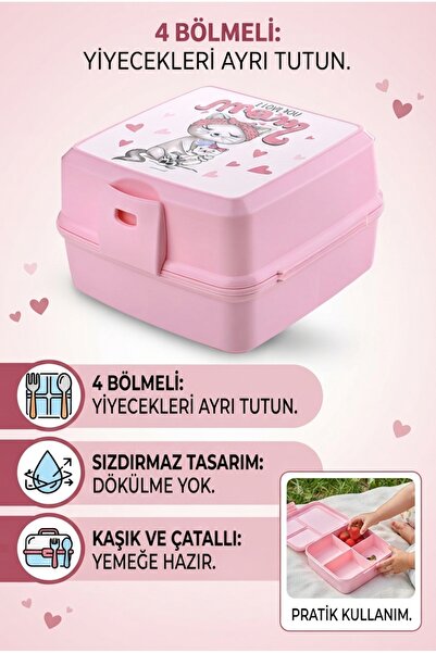 ALL FAST 4 Bölmeli Kaşık ve Çatallı Çocuk Beslenme Kutusu Sızdırmaz Saklama Kabı