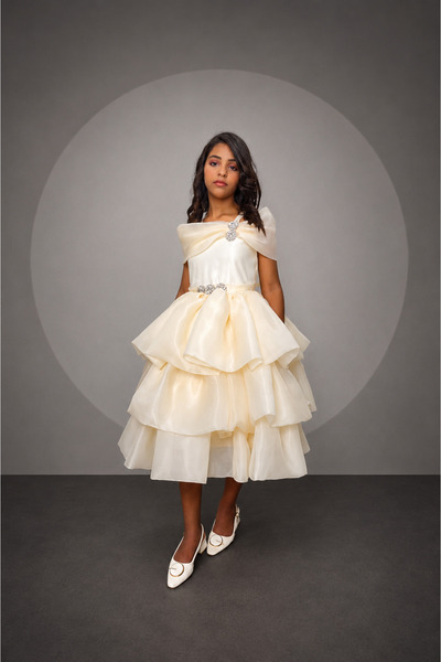 JO FASHION Girl's Dress Off White with Luxurious Organza Layers