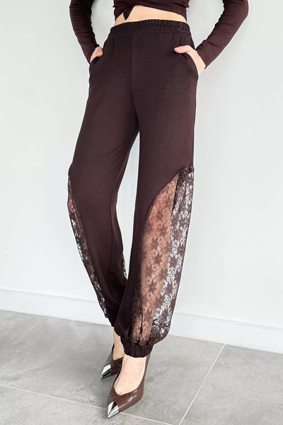Aryena Brown Elastic Cuffed Sweatpants with Lace Detail