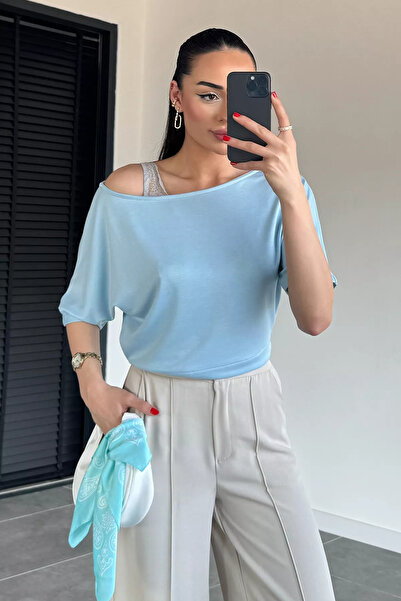 Aryena Blue Women's Boat Neck Blouse