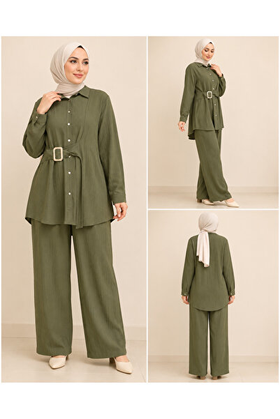 Kardelen Khaki Kupra Fabric Belt Detailed Shirt Tunic Trouser Set – Comfortab...