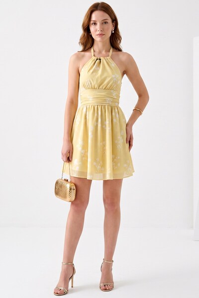 hadiora Lemon Yellow Moss Floral Patterned Backless Short Summer Dress