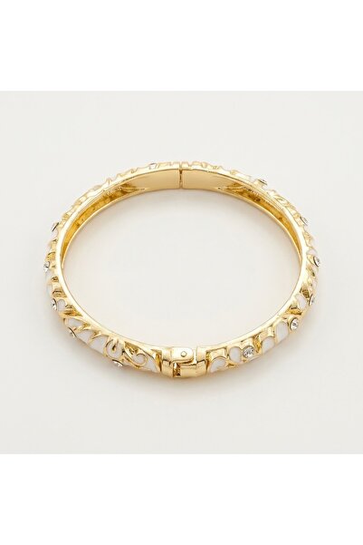 Ceyyiz Women's Gold-Plated Handcuff Bracelet - White Enamel Anti-Tarnish Stai...