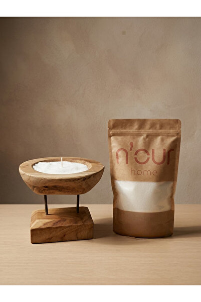 Nour Home Teak Ağacı Doğal Kase 22x18 cm + Toz Mum Seti (250 gr)