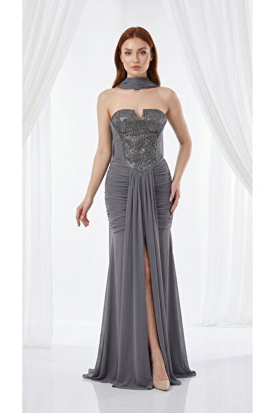 holie dress STRAPLEZ DRAPELİ ŞİFON UZUN ABİYE ELBİSE