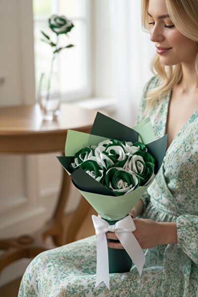 AXWELL Green and White Rose Bouquet, Made from 7 Ribbons, Colorfast Flower, H...
