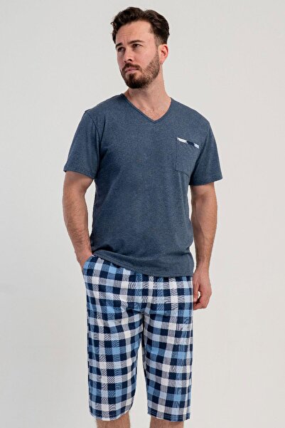 VİENETTA Erkek Büyük Beden V Yaka Kısa Kollu Kapri Antrasit Pijama Takımı C8T...