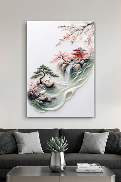 Vitraum Modern Rölyef Tarzı Japon Bahçesi ve Turnalar Sakura Cam Tablo