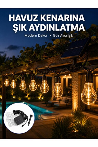 Lisinya Güneş Enerjili Dış Mekan LED Ampul Işık Zinciri Bahçe ve Teras Dekora...