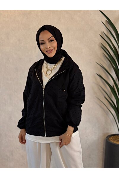 ALANURMODA 24432 Hoodie with Scallop Front Piece. Zippered Short Cap Black