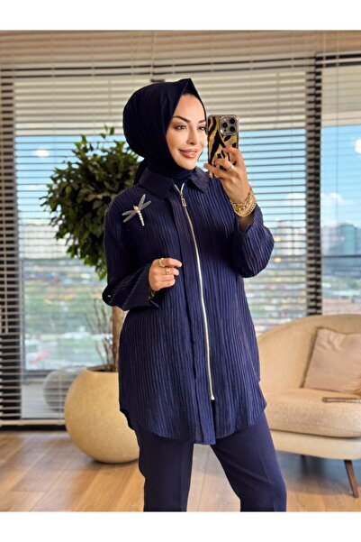 ALANURMODA 10775 قميص من قماش بوريومك بسحّابات باللون الأزرق الداكن