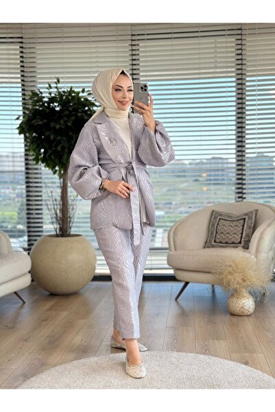 ALANURMODA 1172 Elastic Sleeves Veined Suit Gray