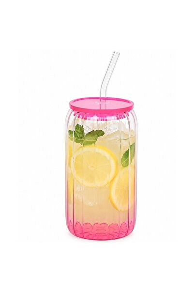 PUFO Pahar elegant din sticlă cu textură striată, cu capac și pai, ideal pent...