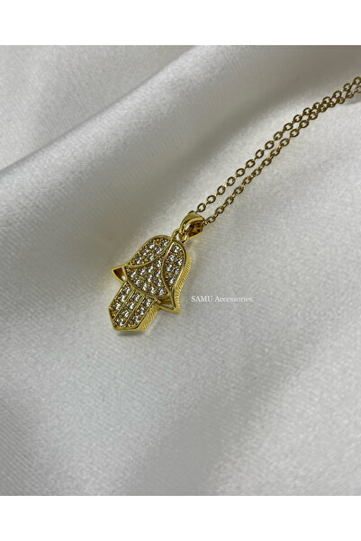 Samu Accessories Aşlı Fatma Ana Eli Steel Necklace - Zirconia Hamsa Hand Neck...