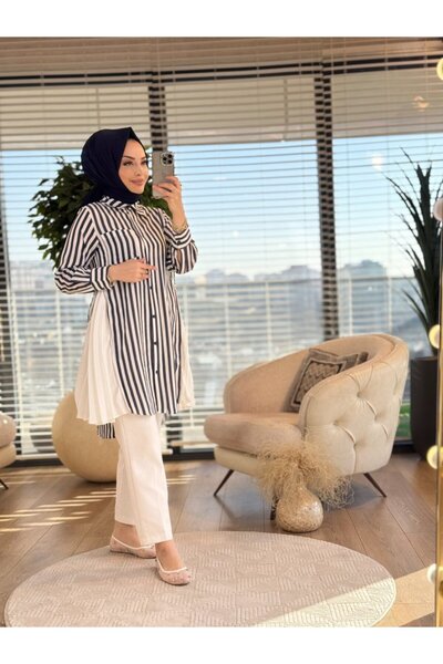 Beray 5500 Striped Long Shirt with Side Zippers and Pleats, Black