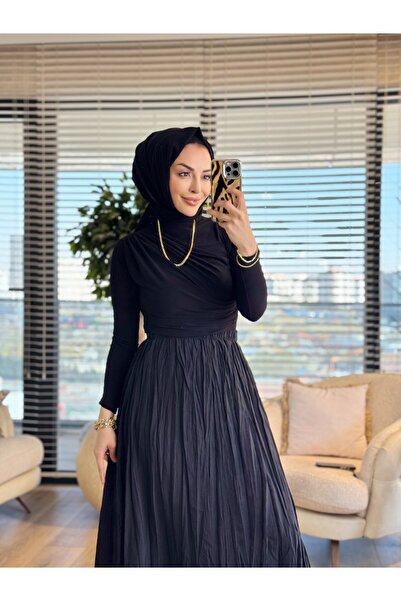BLUEPERYY 5004 Elastic Waist Crinkled Skirt Black