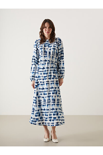 LC Waikiki Blue Crew Neck Patterned Women's Dress
