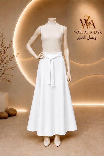 WASL ALKHAIR Women's A-Line Long Skirt with Tie Belt - Elegant Solid Design -...
