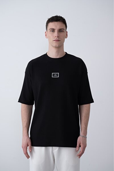 duo fideles Black Printed Crew Neck Oversize T-Shirt