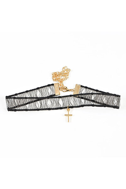 meli melo Choker negru cu cruce aurie