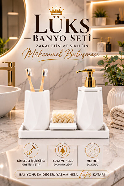 lufen deco طقم حمام فاخر أبيض منقوش بالرخام مكون من 4 قطع، موزع صابون سائل صل...
