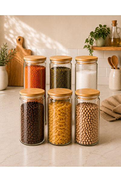 Empressco Set of 6 Vacuum Glass Jars with Bamboo Lids, Large Size, 1440 Ml, S...