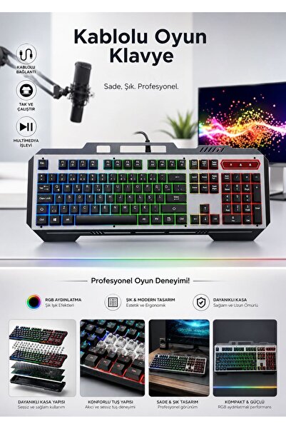 Asfal RGB Aydınlatmalı Kablolu Oyuncu Klavyesi – Dayanıklı Gövde, Ergonomik T...