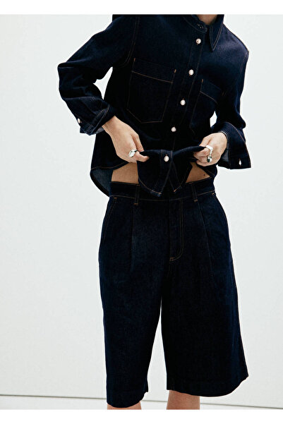 MANGO Woman Pileli straight fit bermuda şort