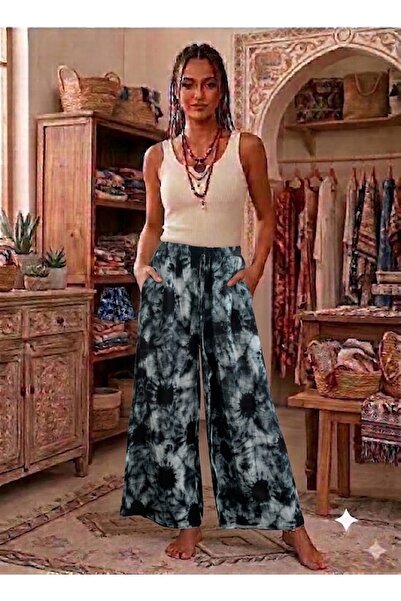 AYASOFYA OTANTIK Women's Multi-Colored Wide-Legged 100% Viscose Trousers with...