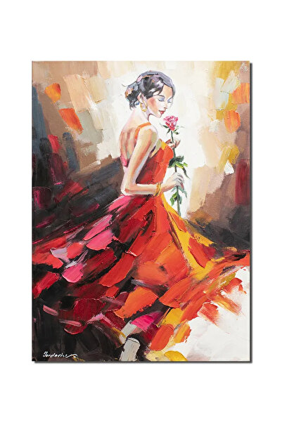 artnova Tablou pictat manual, Tanara cu trandafir, 70x50cm ulei pe panza in c...