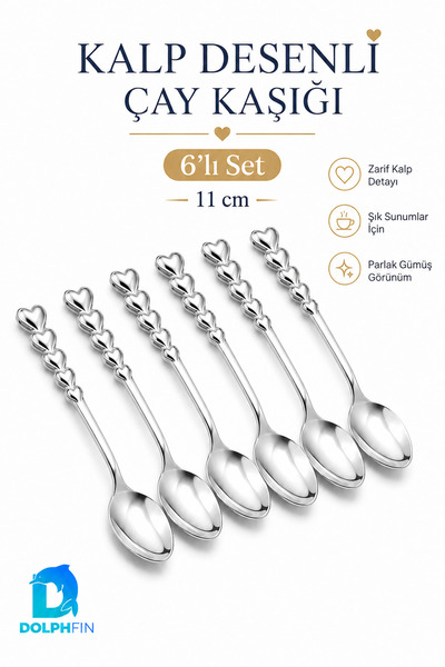 DolphFin Heart Patterned Tea Spoons Set of 6 – 11 cm Shiny Silver Color Elega...