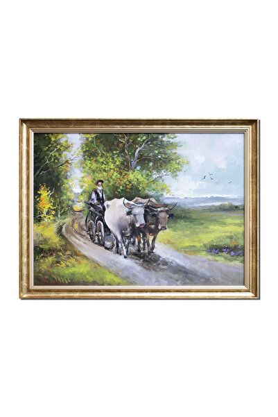 artnova Ръчно рисувана рамкирана картина на волска каруца, 90x70 см, маслена ...
