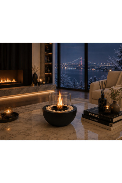 ALİTİKİ Beton Masaüstü Bioethanol Şömine Siyah 18 cm – Borosilikat Camlı Deko...