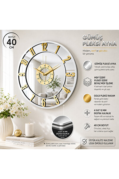 EYKA STORE 40 CM Gümüş Pleksi Aynalı Duvar Saati Gold Rakamlı Modern Dekorati...