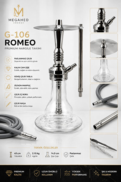 MEGAHED Hookah G-106 Romeo 42 cm Paslanmaz Çelik Nargile Takımı