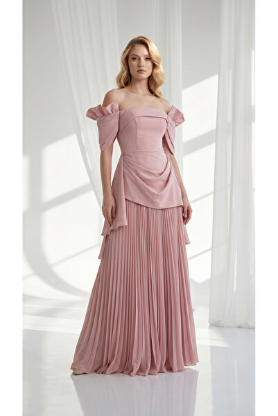 holie dress DÜŞÜK OMUZ STRAPLEZ DRAPELİ PLİSELİ UZUN ABİYE ELBİSE