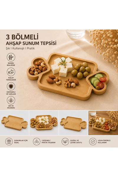Genel Markalar Kalp Kulplu 3 Bölmeli Bambu Sunum Tepsisi – Ahşap Kahvaltılık,...