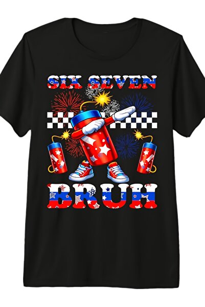 STITCHLY تي شيرت يونيسكس بطبعة Six Seven Bruh Firecracker Dabbing 67، 100% قط...