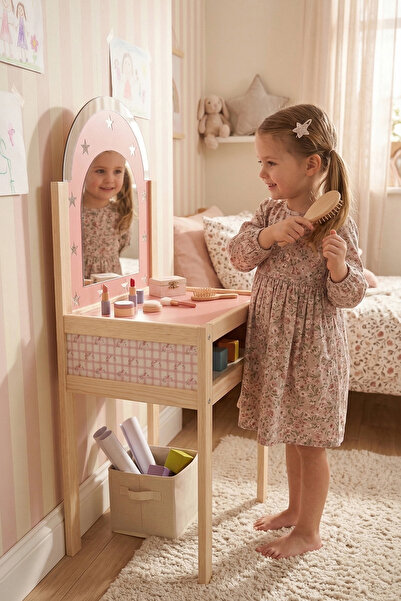 ROZİTOYS طاولة مكياج خشبية للأطفال، مع مرآة من البليكسي جلاس