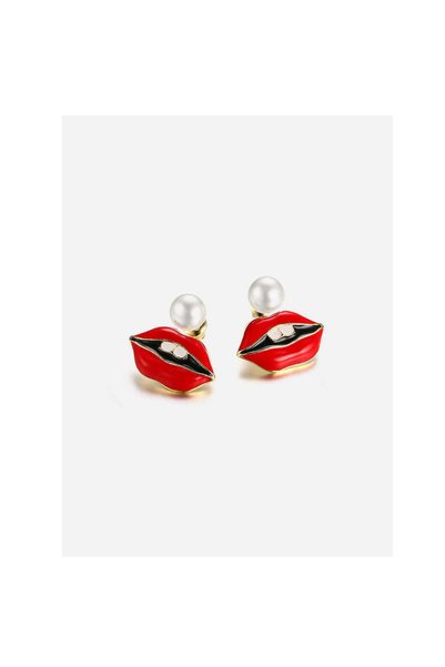 zerzembe Pearl Earrings, Kiss Mouth, Red Enamel