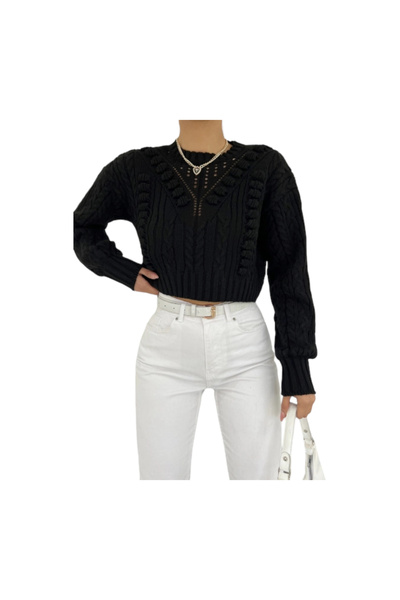 Generic Openwork Knit Crop Sweater Free Size – Chic & Cozy, Black