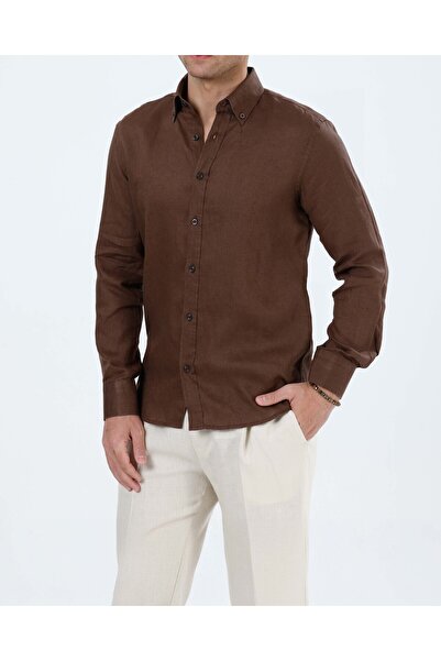 TerziAdemAltun Italian Style Slim Fit Men's Stand Collar Linen Shirt Brown T2...