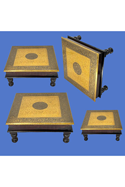 Al Athar Arts Handmade Wooden Pooja Chowki with Brass Fittings – Mango Wood S...